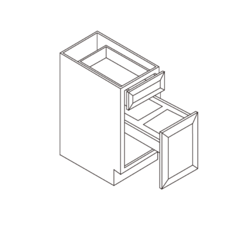 Line drawing of a cabinet with two drawers, one open.